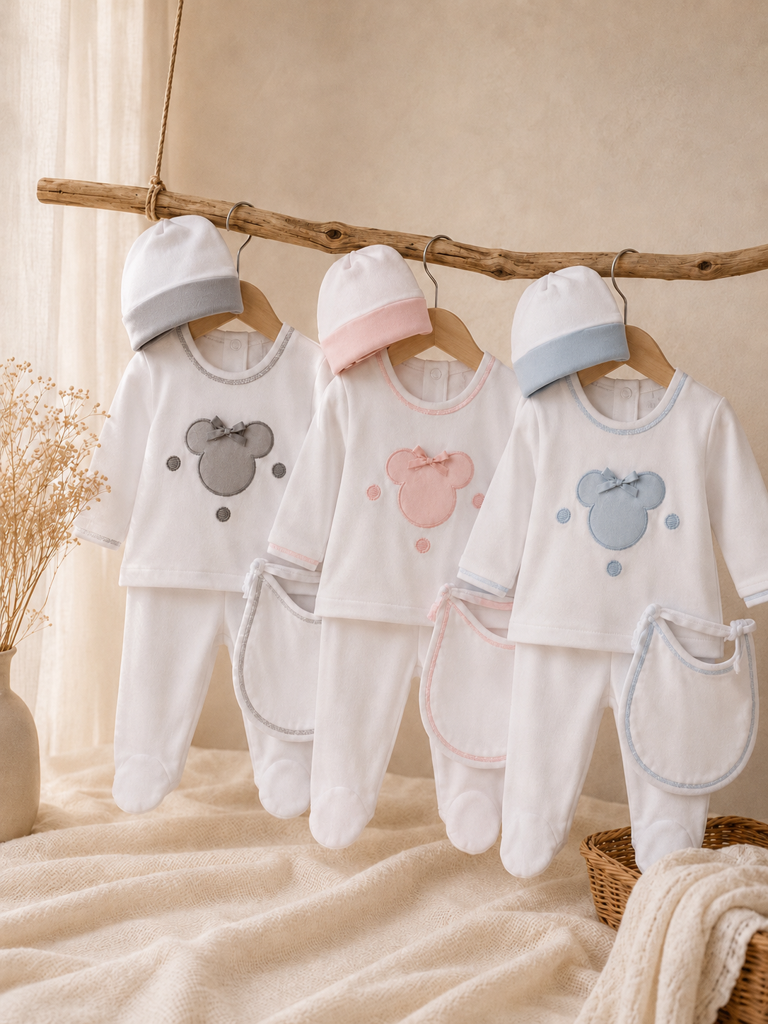 Conjunto de Primera Puesta Bordado con Gorro y Babero