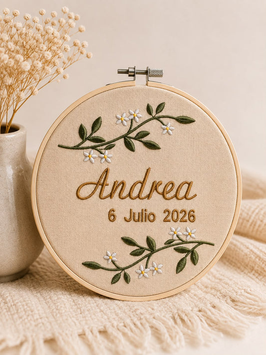 🌿 Bastidor Floral con Nombre y Fecha